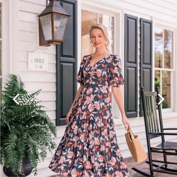 Gal Meets Glam Tegan Floral Tiered Midi Dress Women's Size 8 - Picture 1 of 16